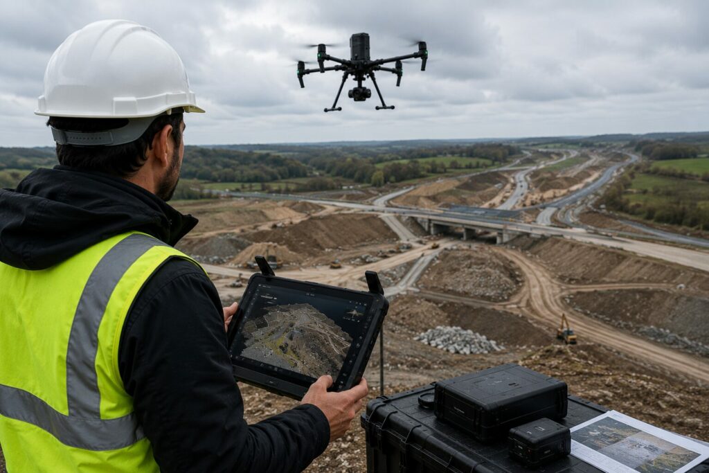 Télépilote professionnel utilisant un drone RTK pour la photogrammétrie et l'inspection d'infrastructures dans le secteur du BTP.