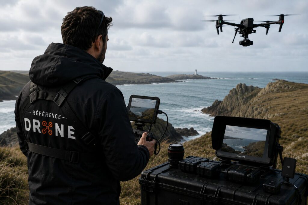 Télépilote professionnel réalisant une prise de vue aérienne sur le littoral breton lors d'une formation drone média et audiovisuelle.